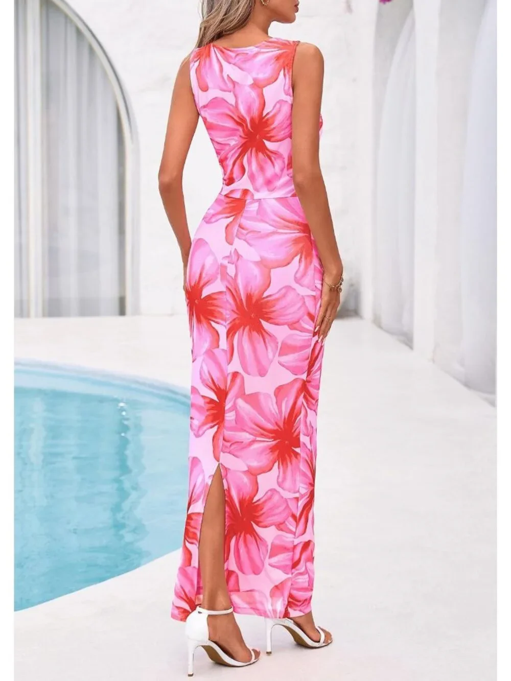 Women Pink Big Floral Polyester Elastane Mesh Sleeveless Bodycon Long Maxi Dress